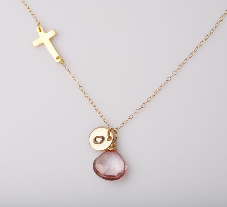 Original Design,Blessed  Necklace,Gold sideways cross necklace,Initial charm necklace,monogrammed necklace