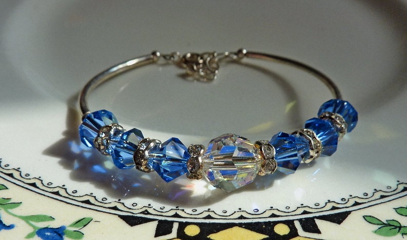 Sapphire Blue Crystal Bangle Braclet Bridal Jewelry