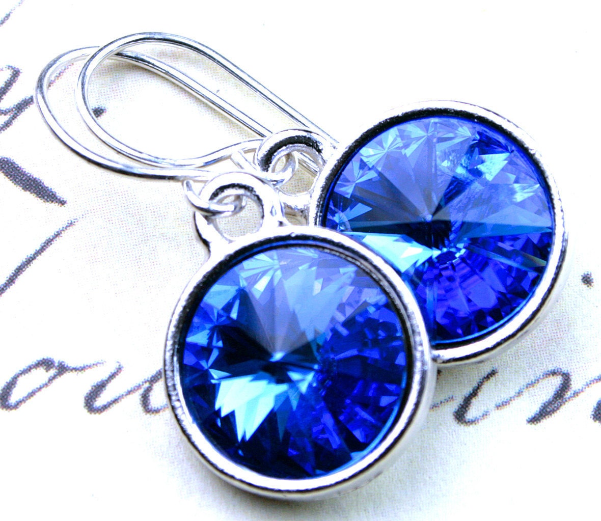 Swarovski Rivoli Crystal Earrings in Sapphire Blue -  Swarovski Crystal and Sterling Silver - FREE SHIPPING