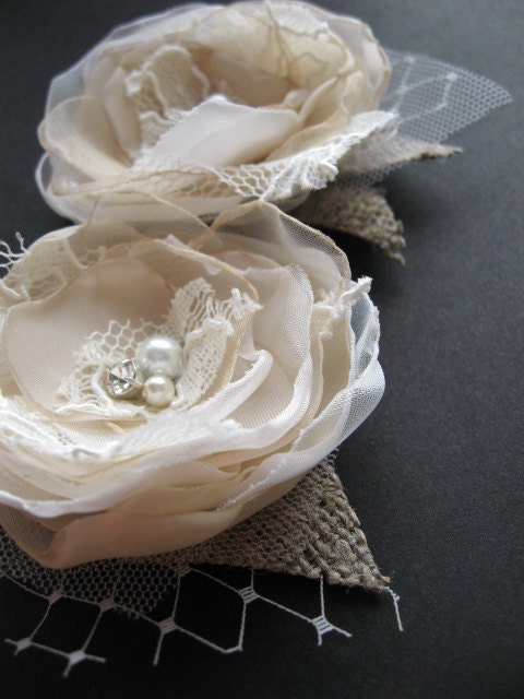 Burlap Bridal lace hair flowers, Wedding  hair head piece accessories, vintage rustic fascinator, set 2 Double, Ivory, Beige, Cream, nude