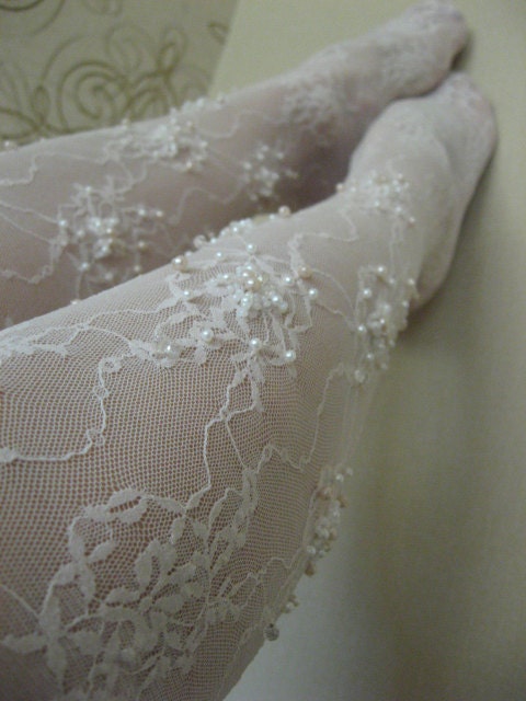 SALE Embellished lace tights stockings full length nylons Jewel  bridal bridesmaid  blush floral flowery medium  medium large