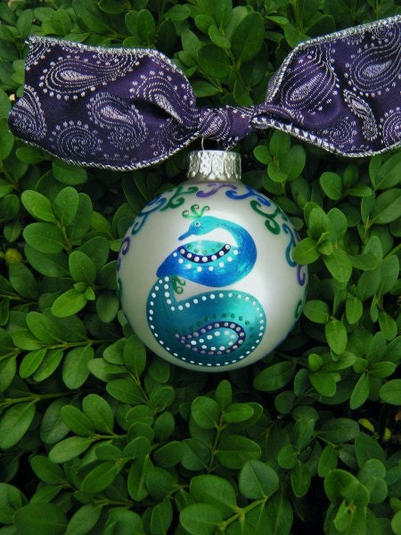 Peacock Ornament - Personalized for Wedding or Birthday or Christmas - Hand Painted Glass Ball