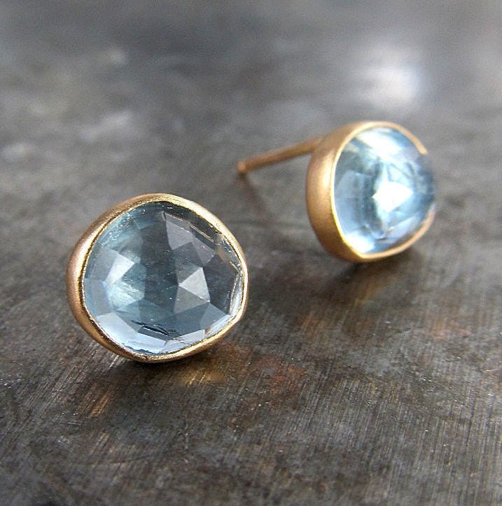 SAMPLE SALE - Rose Cut Aquamarine and Recycled 14k Gold Stud Earrings
