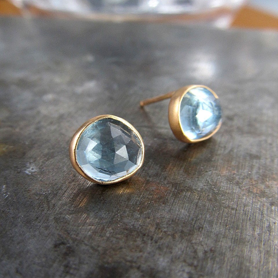 SAMPLE SALE - Rose Cut Aquamarine and Recycled 14k Gold Stud Earrings