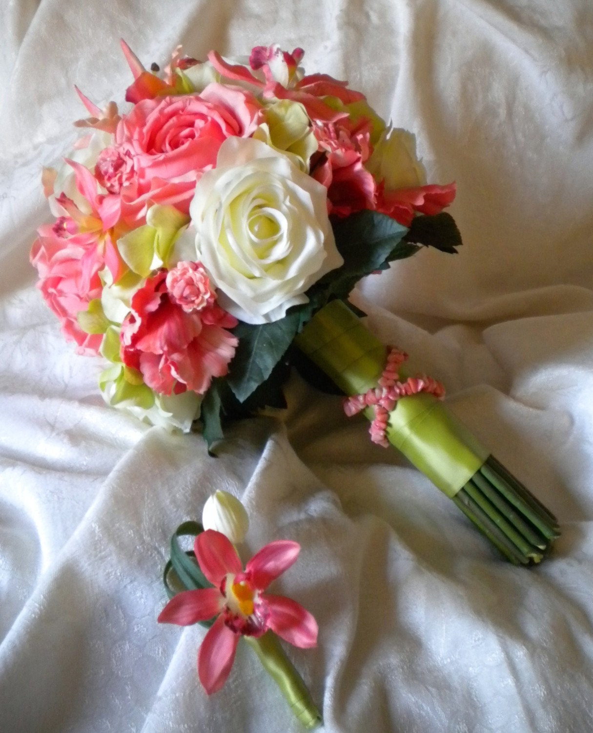 CORAL Wedding Bouquet with Genuine Coral Gemstones and Matching Boutonniere