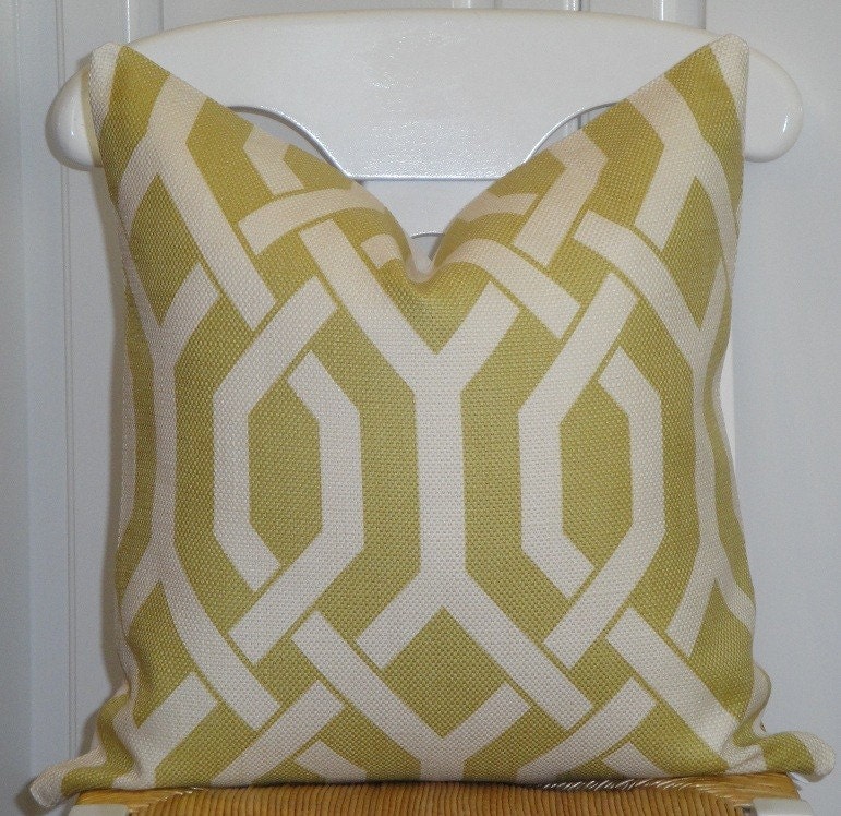 Decorative Pillow Cover - 18x18 - Gatework Pattern - Throw Pillow - Accent Pillow - Chartreuse and Ivory