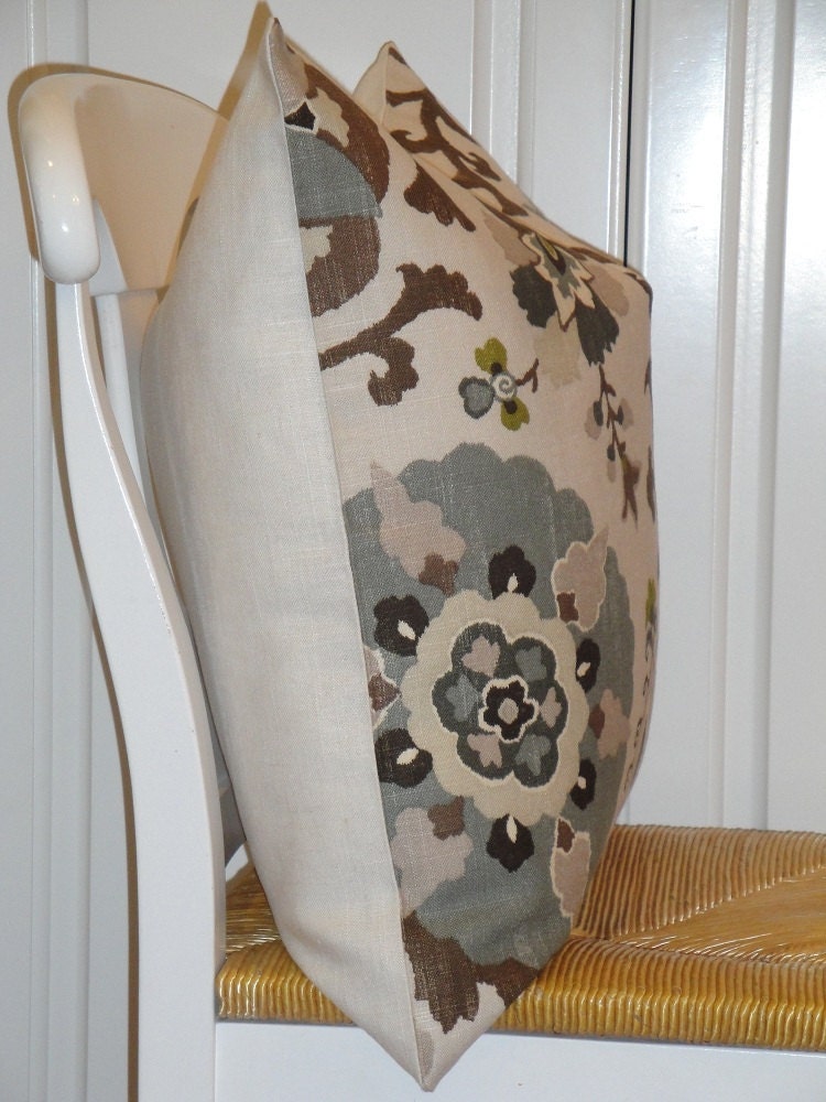 Beautiful Decorative Pillow Cover - 20 x 20 - Floral - Suzani - Steel Blue - Olive Green - Gray - Pewter - Black