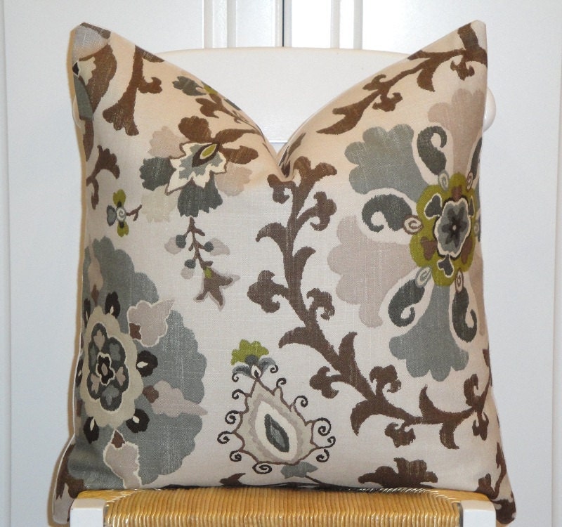 Beautiful Decorative Pillow Cover - 20 x 20 - Floral - Suzani - Steel Blue - Olive Green - Gray - Pewter - Black