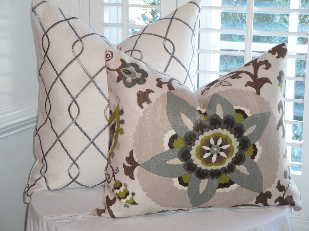 Beautiful Decorative Pillow Cover - 20 x 20 - Floral - Suzani - Steel Blue - Olive Green - Gray - Pewter - Black