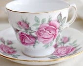 Vintage Mossy Pink Rose Royal Vale Teacup and Saucer