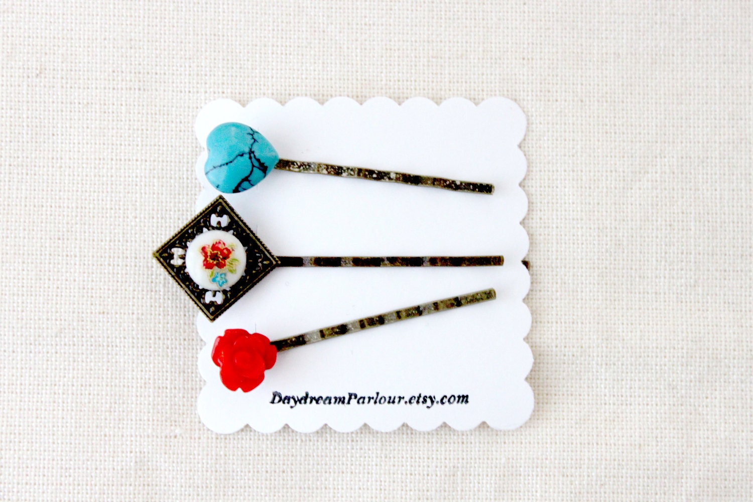 Bright Candy Red and Turquoise Hairpin Trio