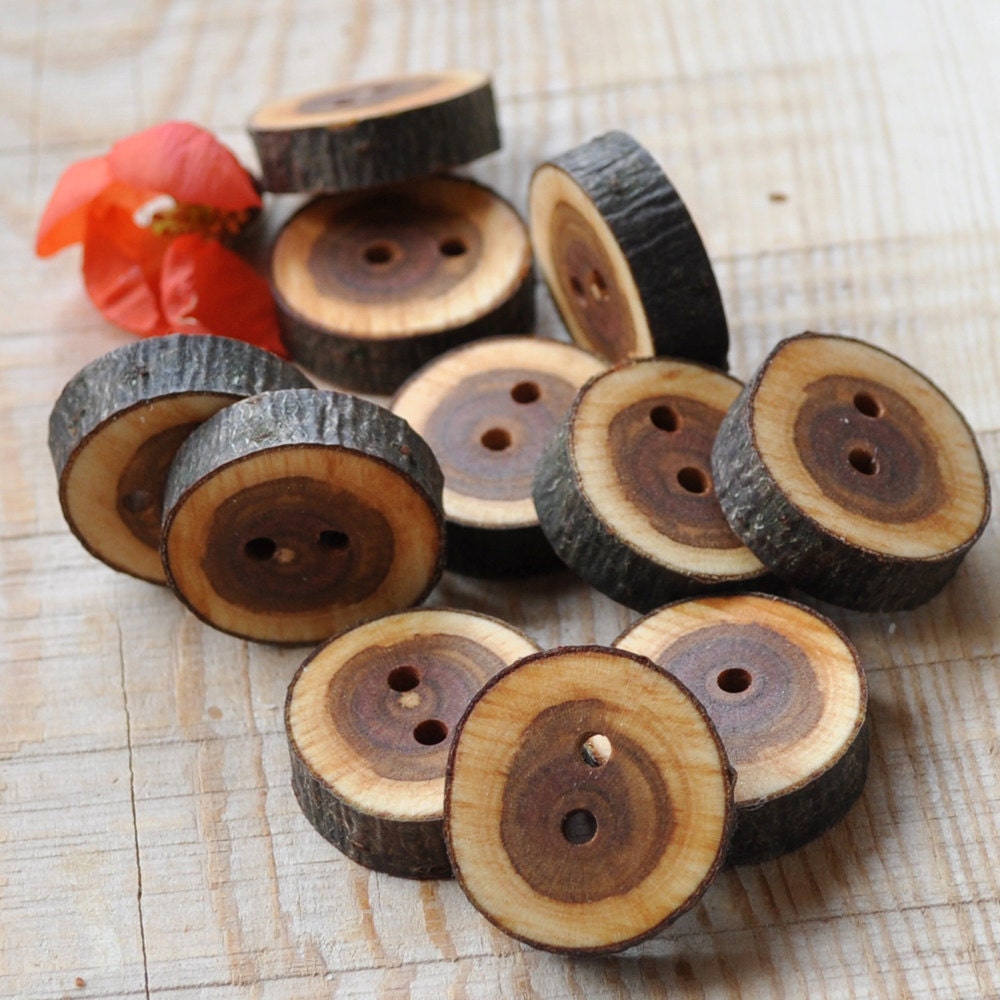 set of 20 CHERRY PLUM wooden buttons handmade from a tree branch wood... 2 holes... 1 inches