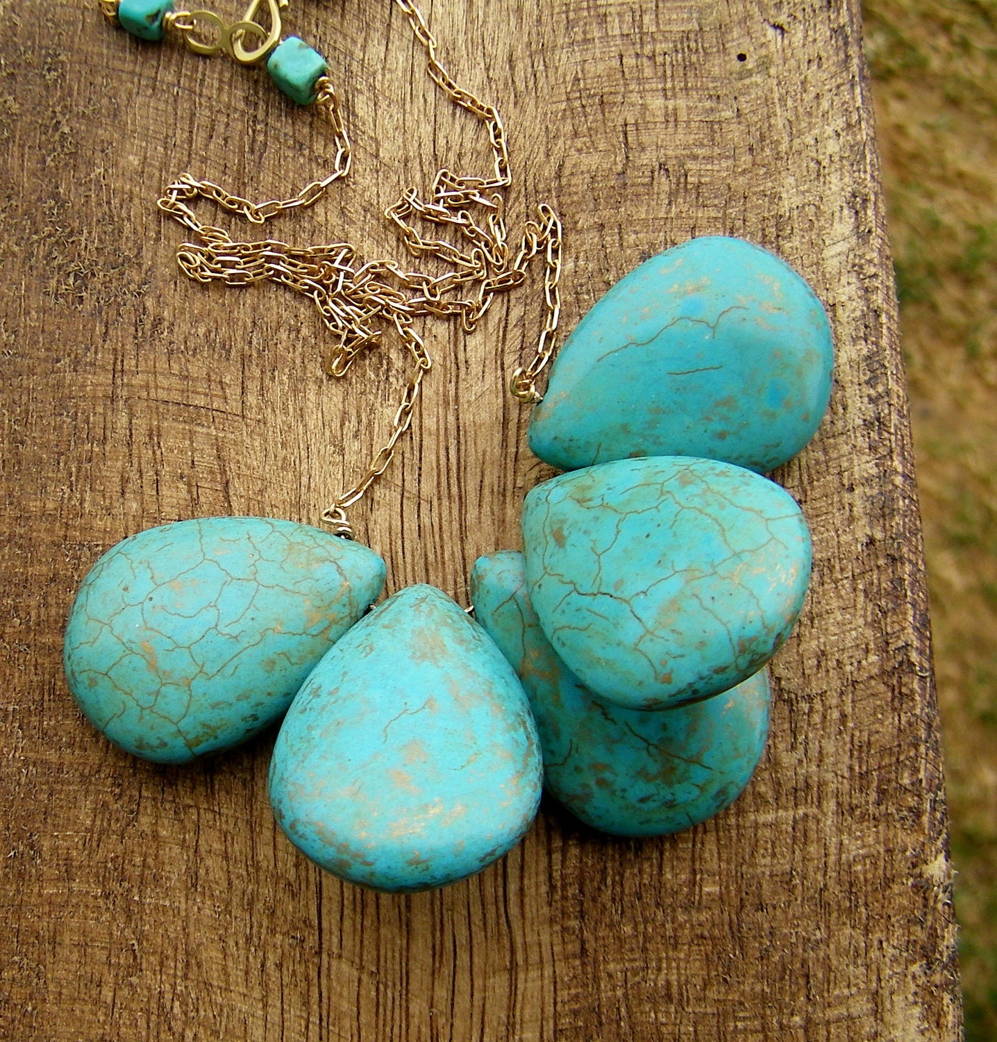 Turquoise Bib Necklace. Butterflied Stones on Oxidized Brass. Pyrite Matrix