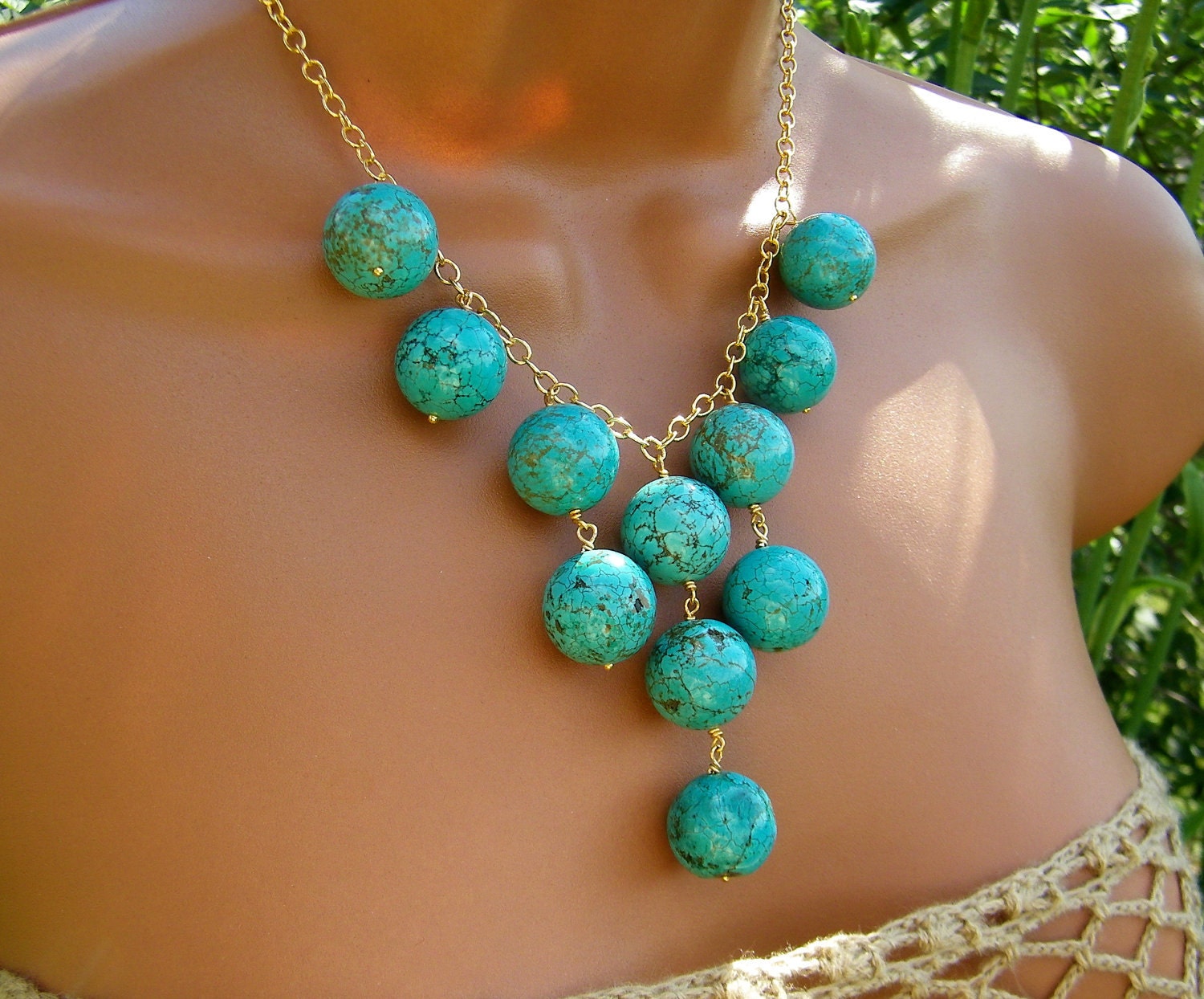 Statement Turquoise Bib Necklace. Turquoise Bubbles. Large Stone Beads.