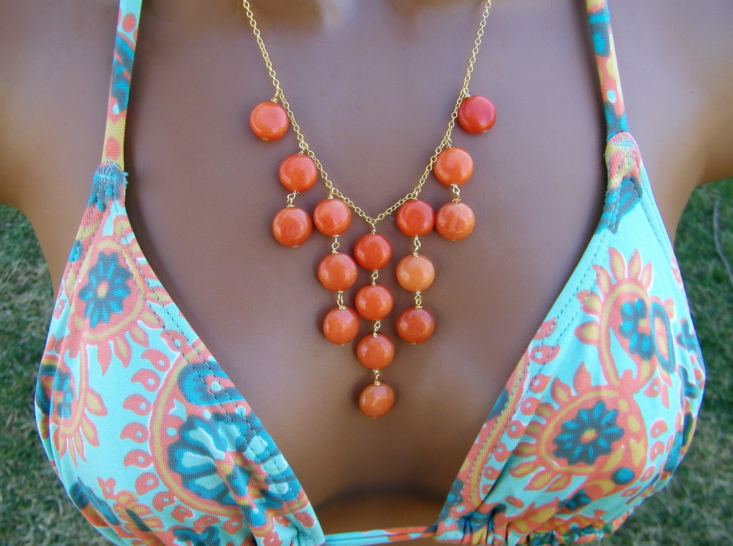 Orange Stone Bib Necklace. Orange quartz cascade drapery necklace. Fashion.