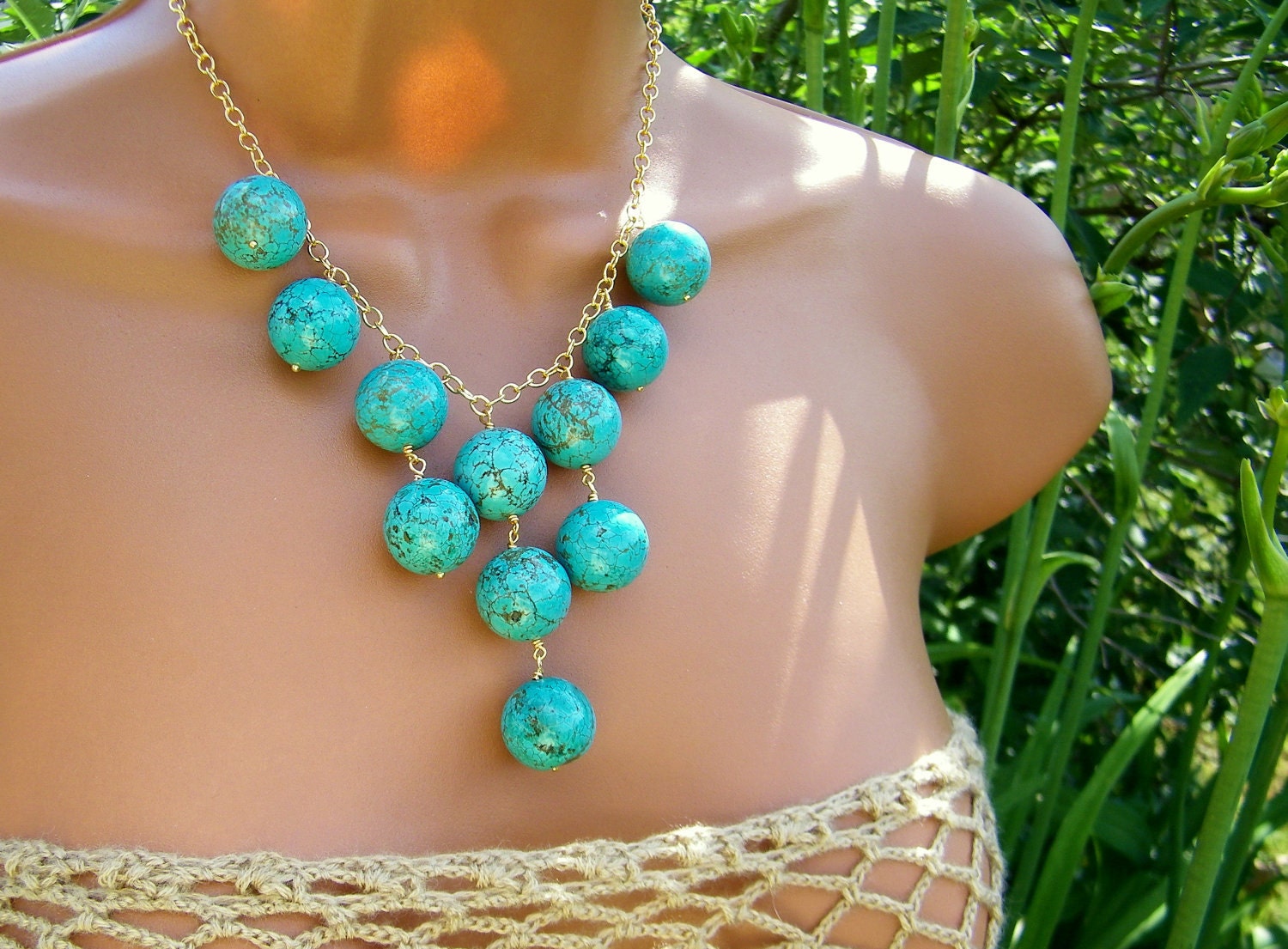 Statement Turquoise Bib Necklace. Turquoise Bubbles. Large Stone Beads.
