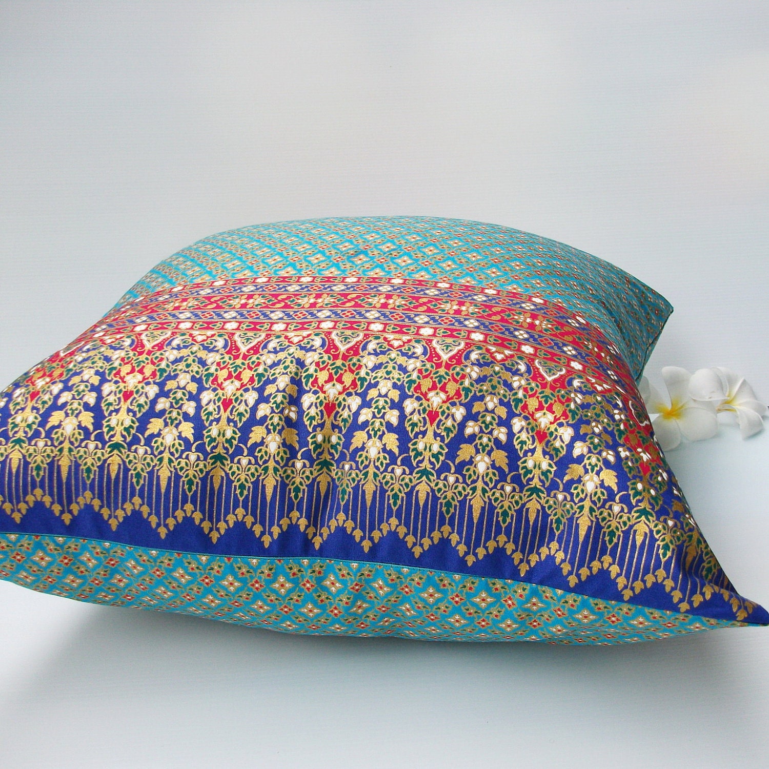 2 Pillow Covers Blue and Gold Thai Painting sofa Throw decorative pillow cushion covers 18 inches
