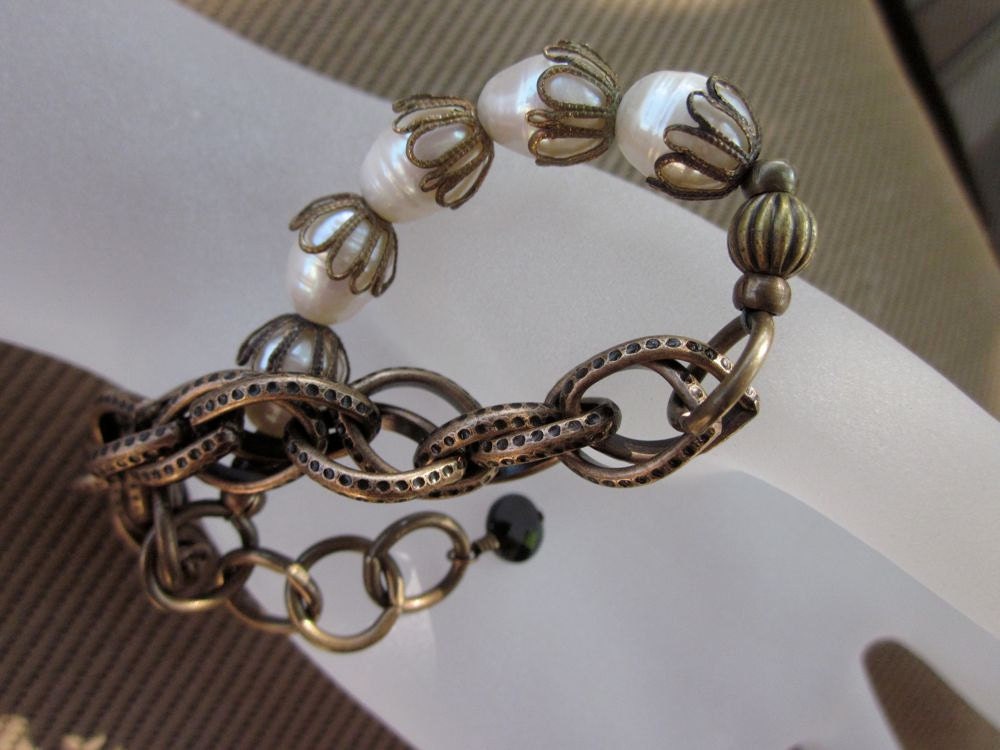 Vintage Brass, Bronze, Pearl and Black Spinel-Black Tie Bracelet