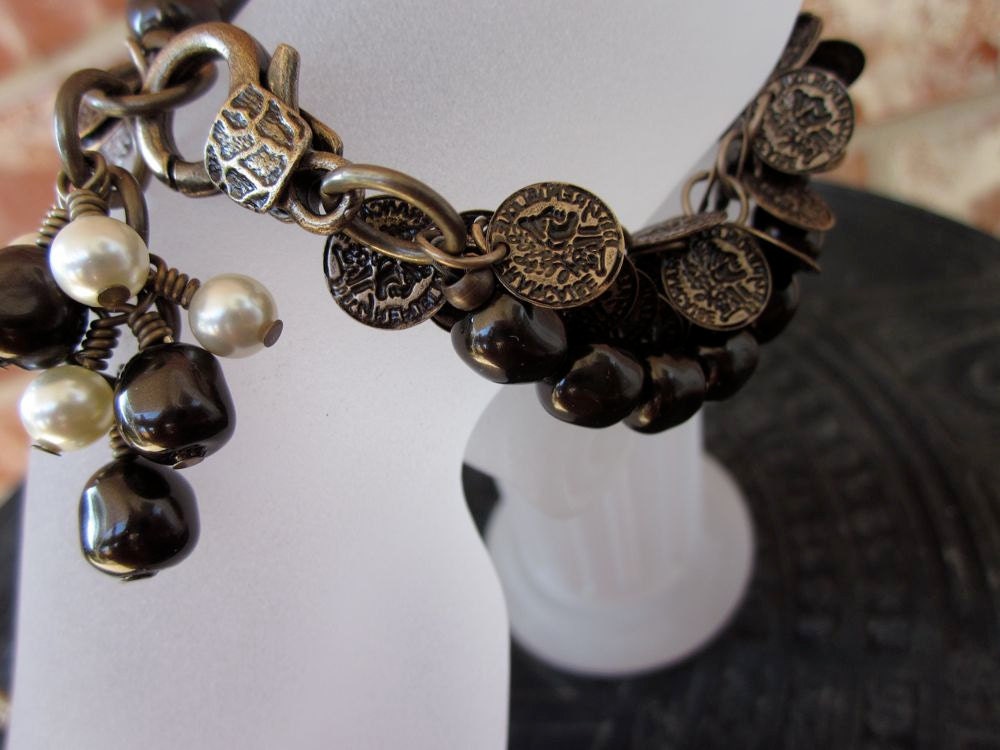 Bronze Roman Coins, Swarovski Pearls, Brass Chain-Coined Pearls Bracelet