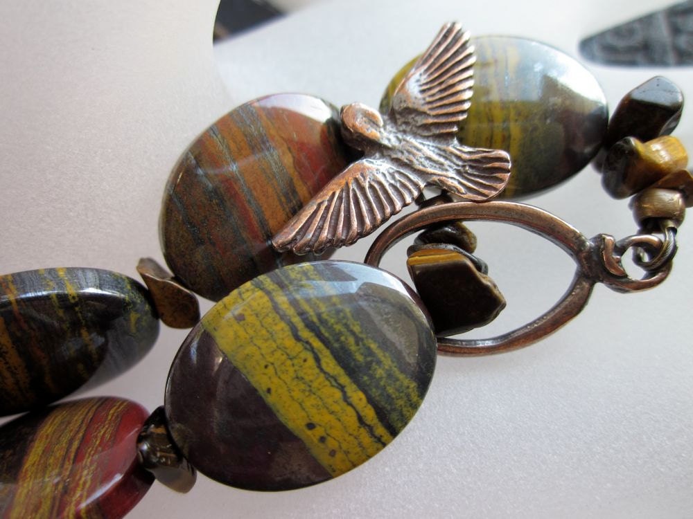 Tiger Iron, Tiger Eye, Shibuichi Bird Toggle, Antique Brass-Exotic Flight Bracelet
