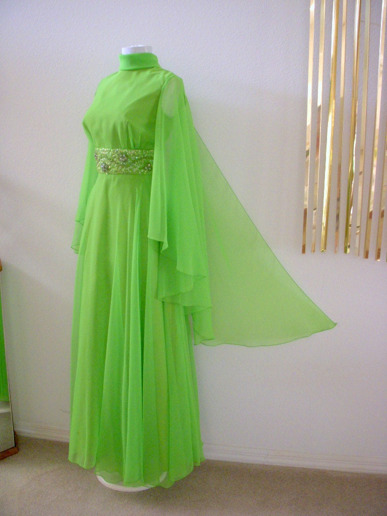 Vintage 60s Green Mod Grecian Party Dress with Huge Chiffon Cape Green Maxi Boho Dress Size Medium estimated