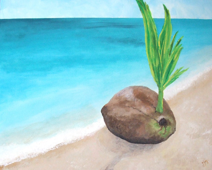 SPROUTING COCONUT, 16x20 Original Painting Acrylic on Canvas, Tropical Art for Home and Office