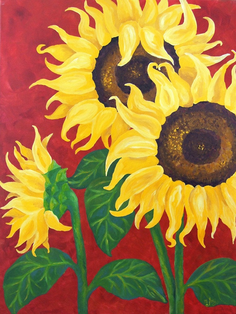 Original Painting, SUNFLOWERS on RED,18x24 Acrylic Canvas, Home Decor, Floral
