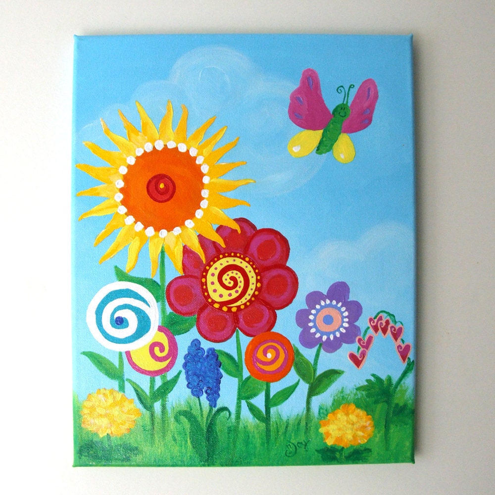Girls Room Wall Art, BUTTERFLY GARDEN, 11x14 Canvas Painting, Floral Nursery Decor for girls