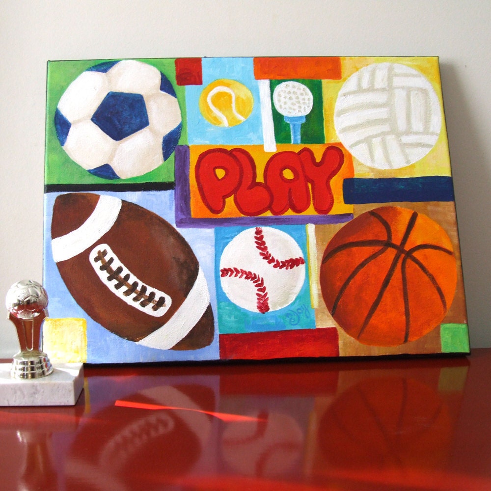 Wall Art for Boys Rooms, PLAY Sports Collage, 16x12 Acrylic Canvas, Sports themed Childrens wall art