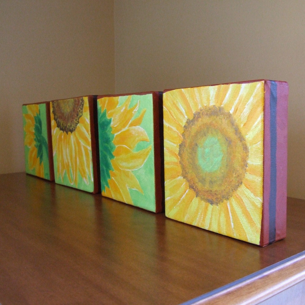 Original Painting, SUNFLOWERS, Four 6x6 acrylic canvas, Home Decor, Floral, Set of 4