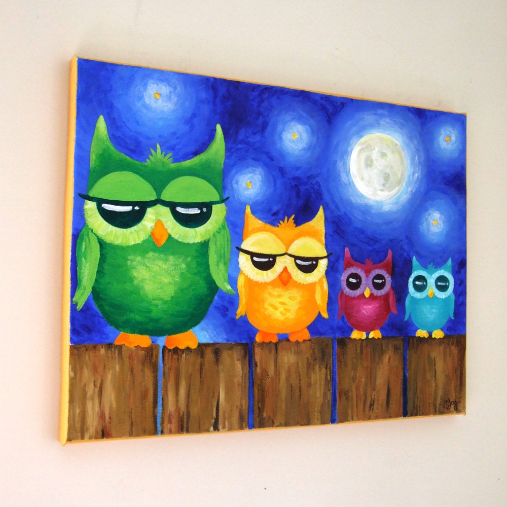 Original Painting, OWLS ON A FENCE, Whimsical art, Art for kids room, or nursery