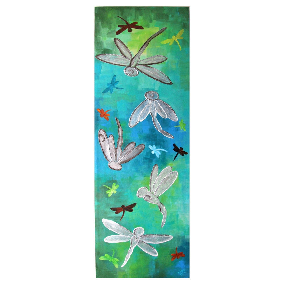 Abstract Painting, DRAGONFLY PANEL, 10x30 Acrylic Canvas, Sliver art for office or home decor