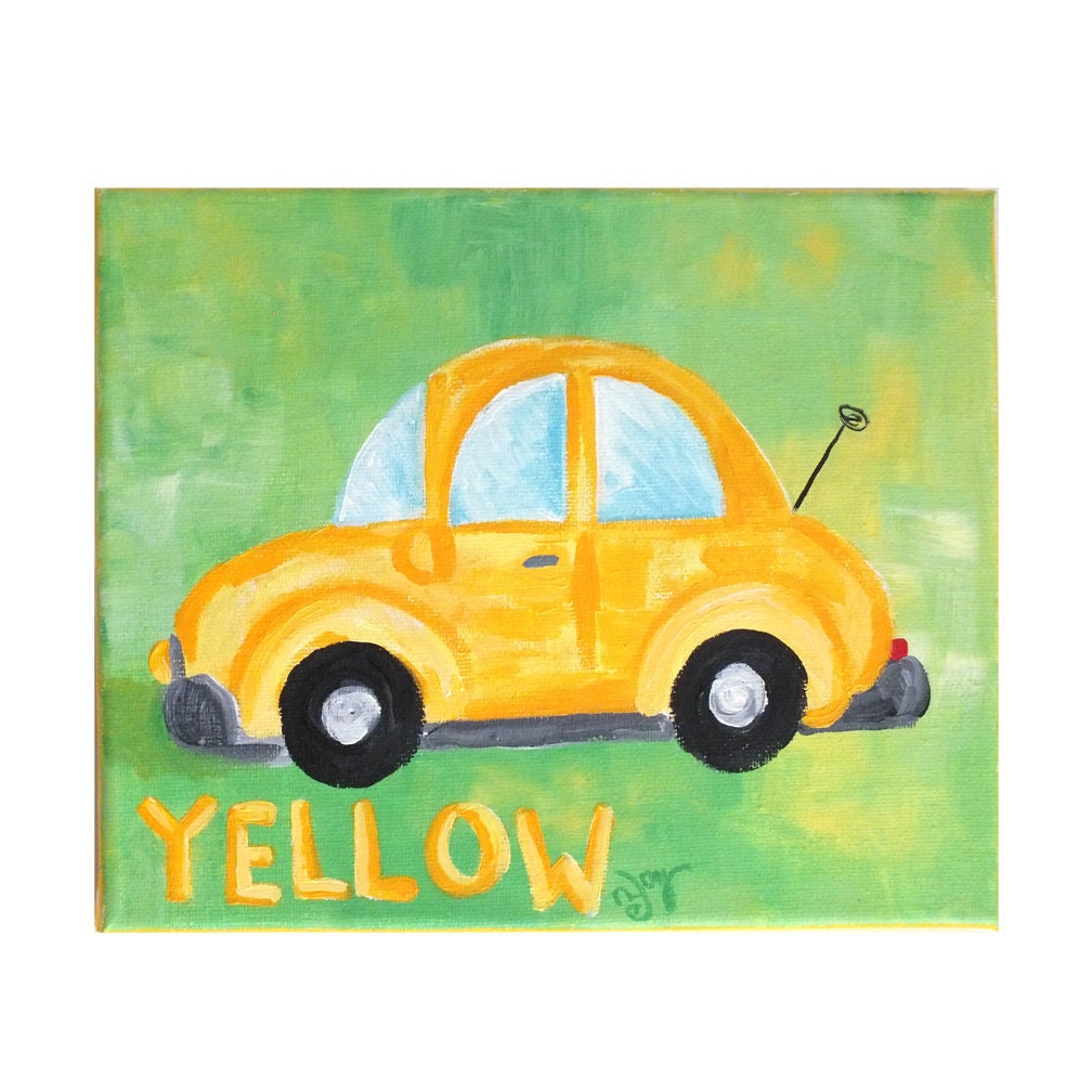 Wall Art for Children, COLORFUL CARS, Set of Three 8x10 original canvas paintings, Red, Yellow and Blue Car Art for kids rooms.