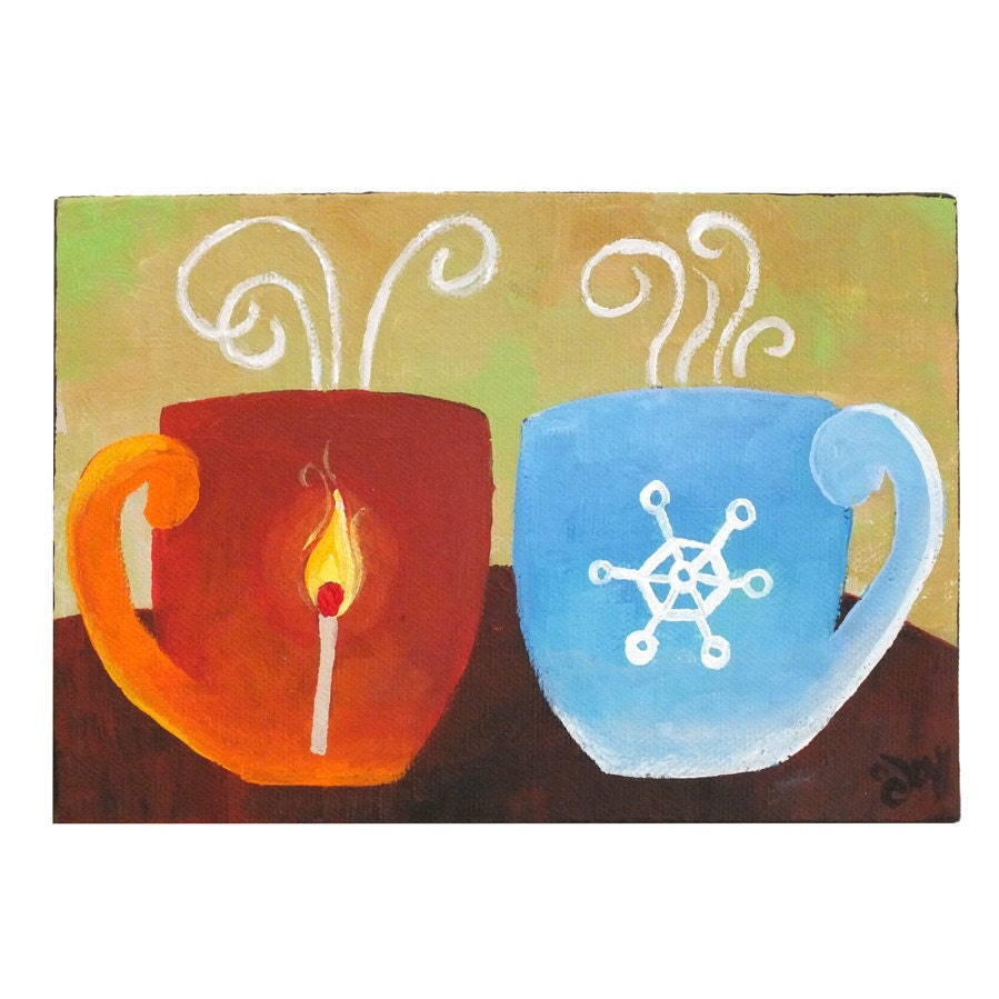 Coffee Art, COFFEEMATES, FIRE and ICE, 7x5 Acrylic Painting, Romantic Art