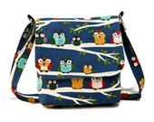 Small Hip Bag Messenger Purse - Owls on Branches on Blue - Long Adjustable Strap