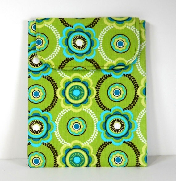 iPad Sleeve Tablet Cover - Teal and Brown on Lime Green Corduroy  -  Padded  with Flap Closure