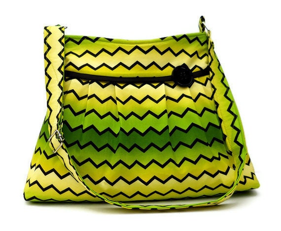 Zig Zag Chevron Purse / Pleated Purse - Yellow Green Fade / Medium Size Adjustable Strap