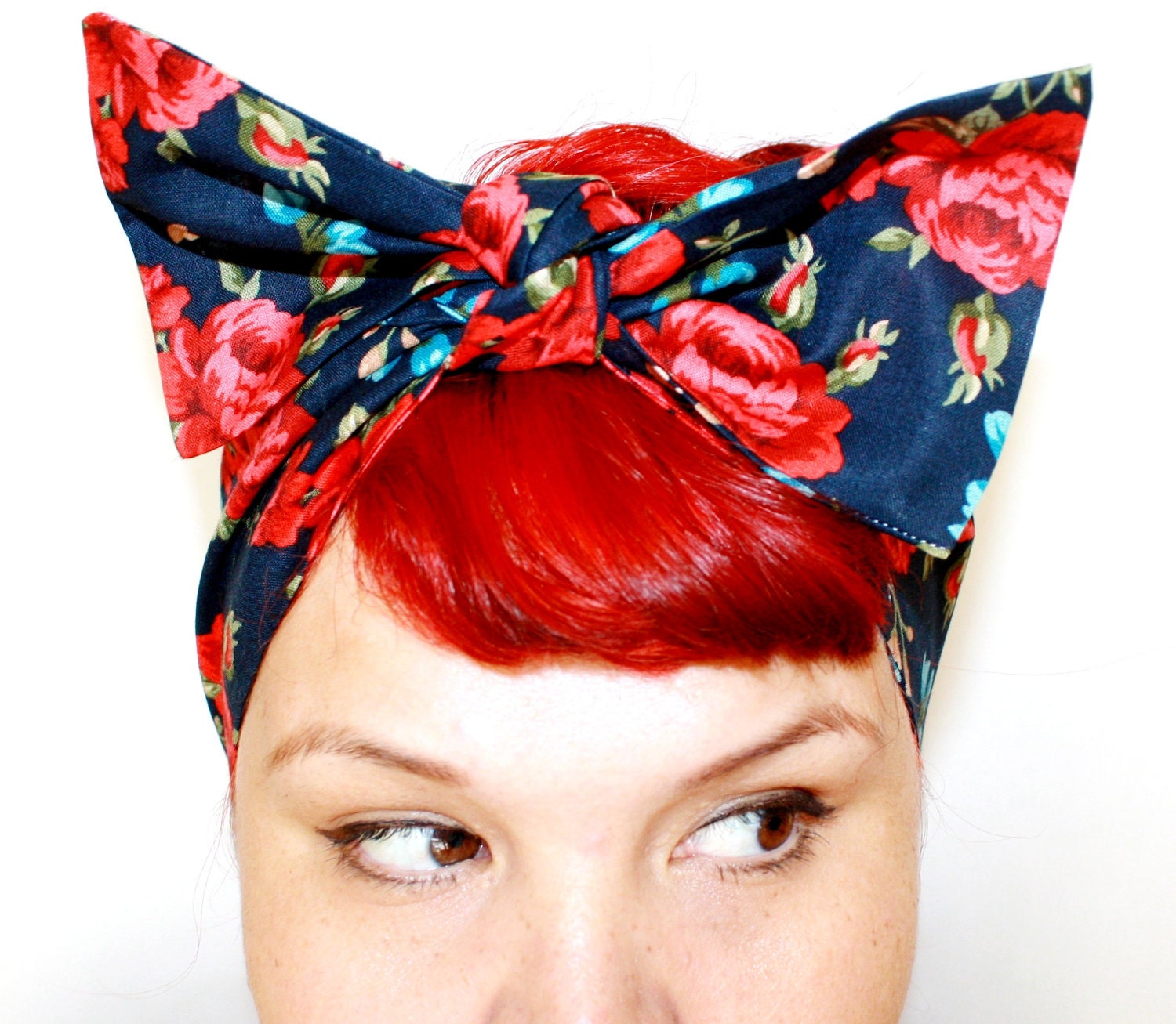 Bow style, Vintage Inspired Head Scarf, Navy Blue with Red Roses, Rockabilly, Retro, Pin up 1950s