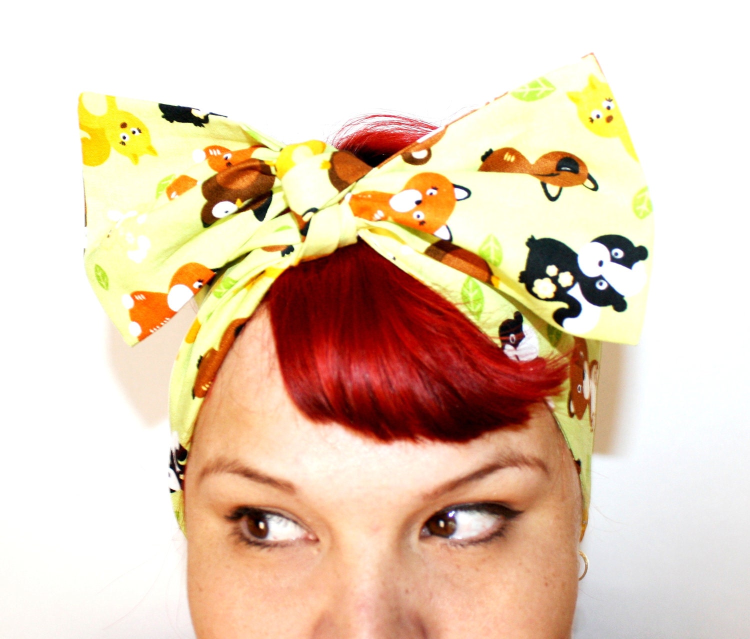 Bow style, Vintage Inspired Head Scarf, Bears, Foxes, Skunks, Owls, Bunny, Lime green, Retro, Vintage