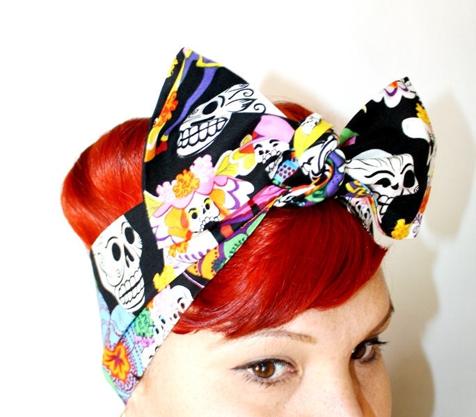 Bow style, Vintage Inspired Head Scarf, Skulls, Day of the Dead, Rockabilly