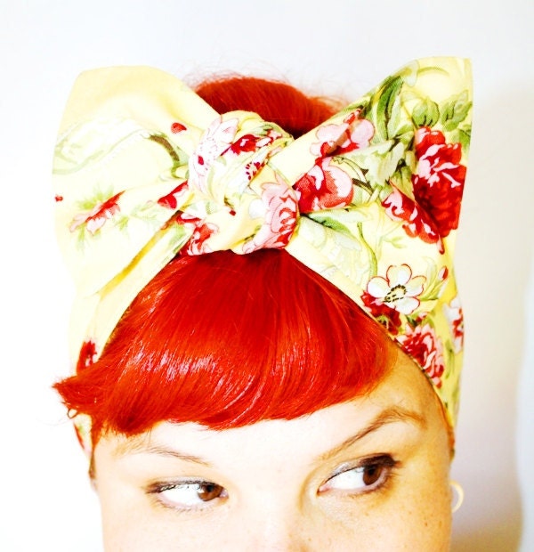 Bow style, Vintage Inspired Head Scarf, Yellow, Roses and Ribbons, Retro, rockabilly, 1940s, 1950s