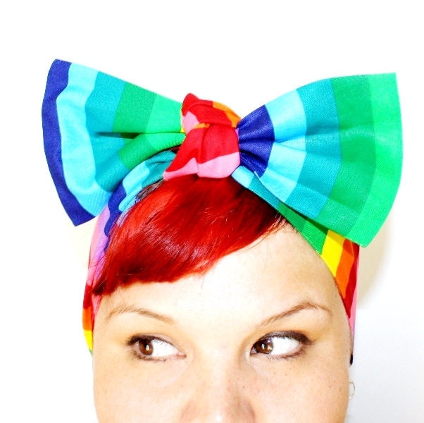 Bow hair tie, Vintage Inspired Head Scarf, Rainbow, Colorful, Bright, Retro