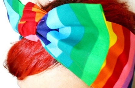Bow hair tie, Vintage Inspired Head Scarf, Rainbow, Colorful, Bright, Retro