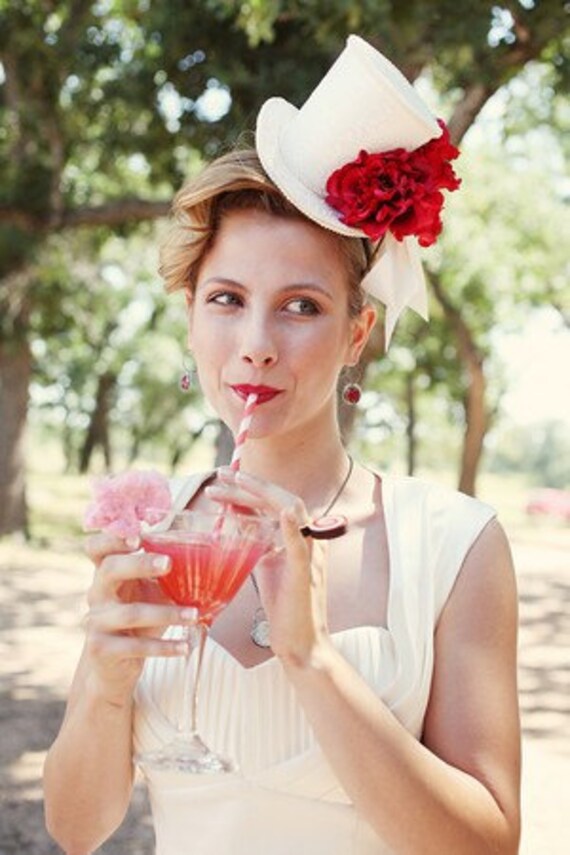 Buy top hats Hats - Holiday party hat, Christmas top hat, white mini top hat, red roses fascinator headpiece, cocktail hat