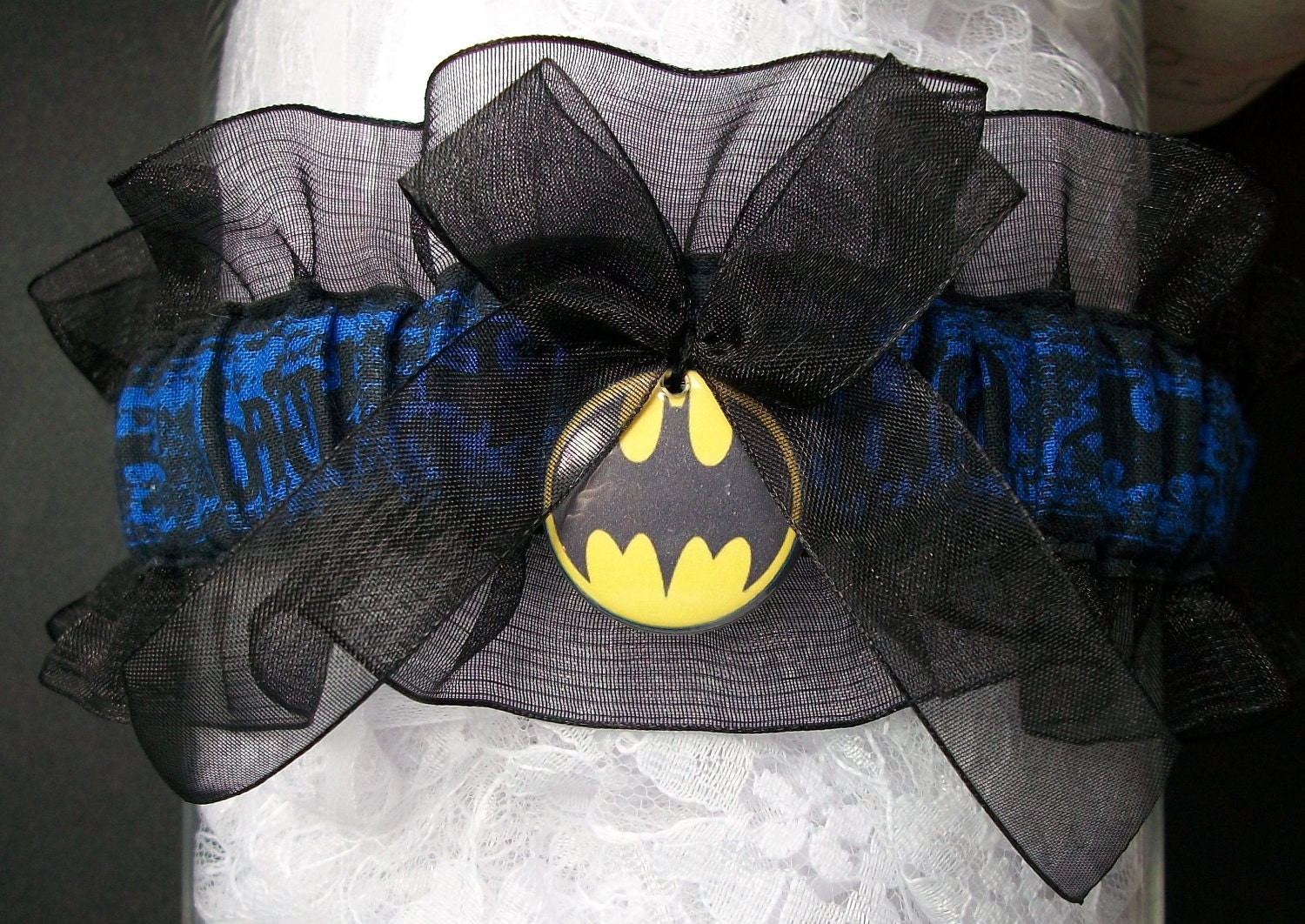 Batman inspired handcrafted garter with black organza