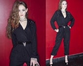 Vintage 70s black knit jumpsuit with rhinestones made by Taurus Nites