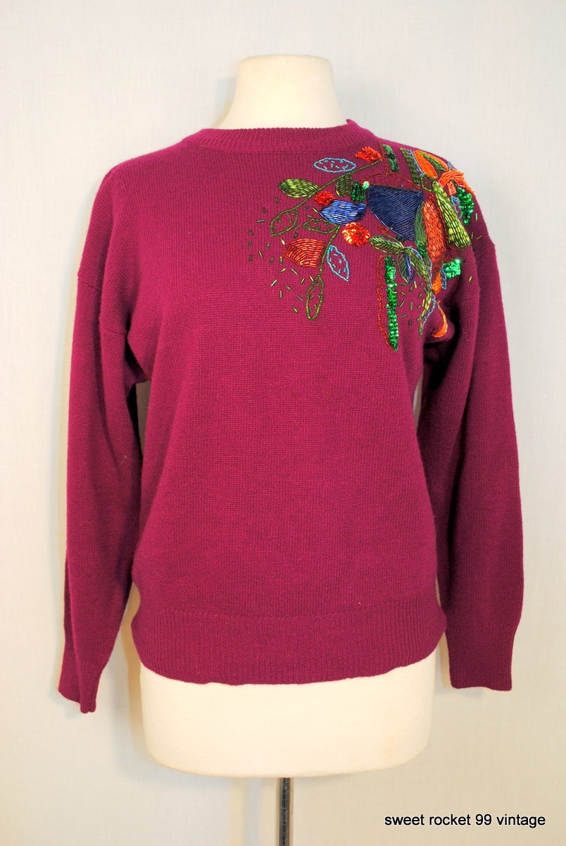 vintage 80s beaded sweater magenta