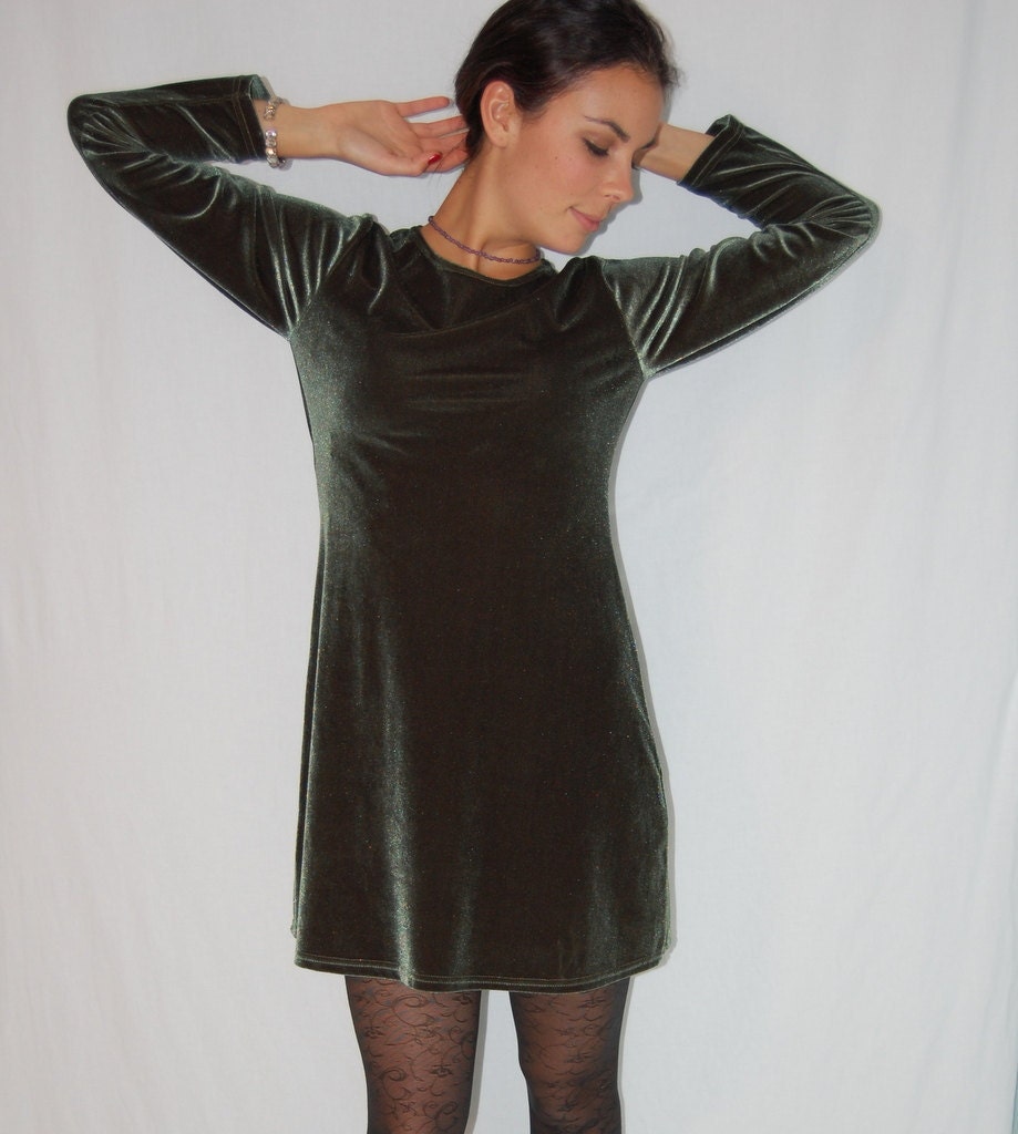 Vintage Green Velvet Babydoll Mini Dress Sage Green Longsleeves