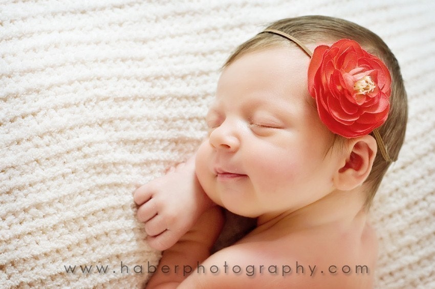 Autumn Orange Ranunculus Flower on Elastic Headband for Newborns, Baby, Infant, and Adults