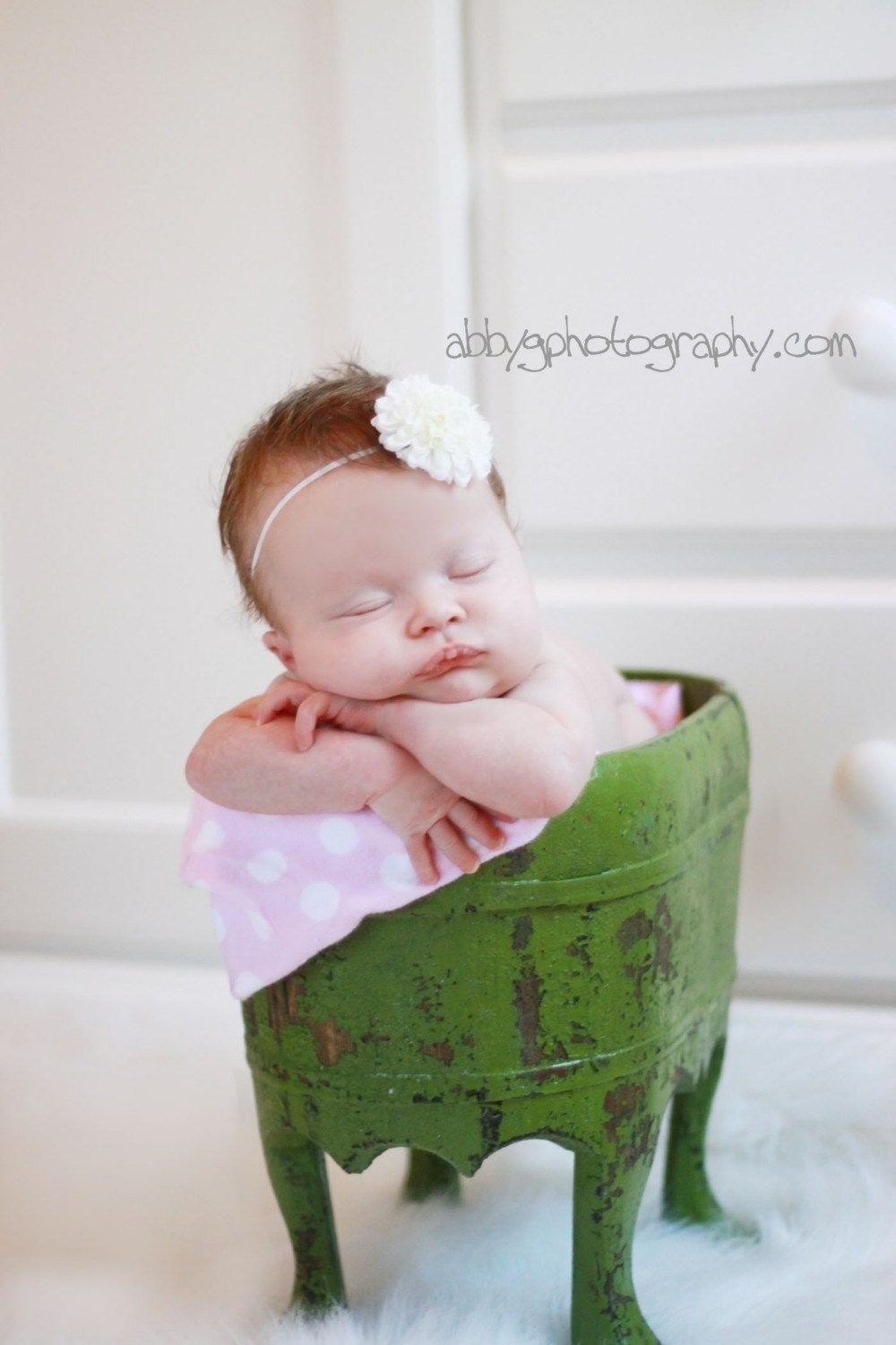 White Pom Pom Flower  on Petite Elastic Stretch Headband  Photography Props Weddings Flower Girls Newborn Baby